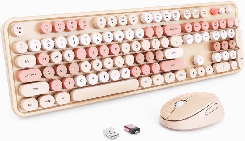 Nowlike Wireless Keyboard and Mouse, Full-Size Typewriter Keyboard with Retro Round Keycaps, Ergonomic Design, Compatible with Windows PCs, Ideal for Home and Office. (Milk Tea) - Image 1